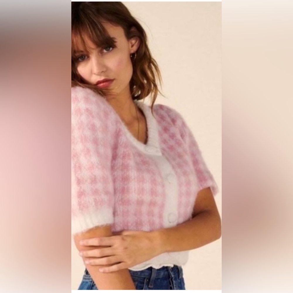 Rouje Pink Ronny Cardigan Plaid Coquette Sweater Soft Fuzzy Top SZ Small FR 36 - Picture 2 of 16
